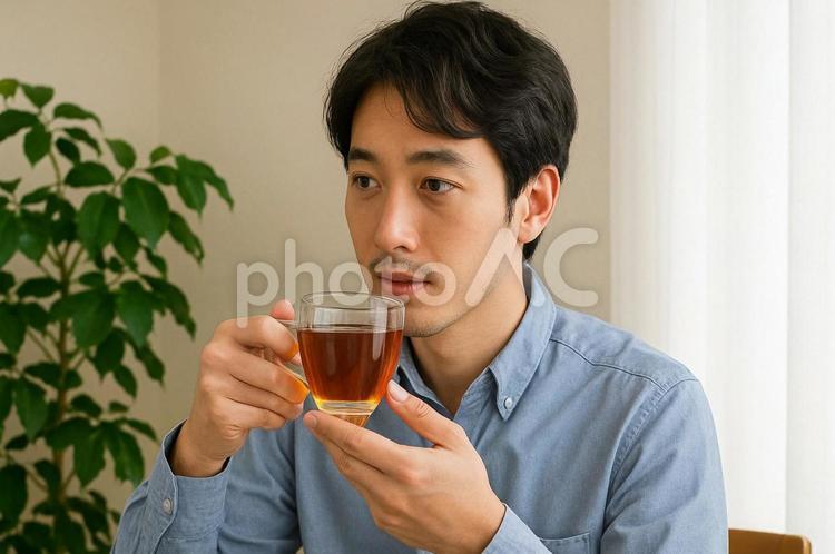 紅茶を飲もうとする男性・ティータイム 紅茶,男性,ティータイムの写真素材