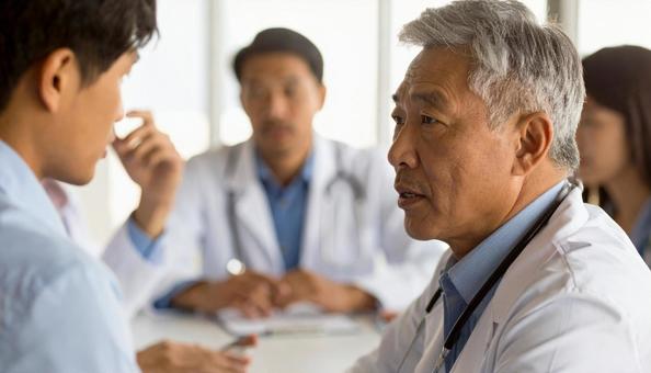 治験の説明会で患者たちへ説明する医師 治験の説明会で患者たちへ説明する医師の写真