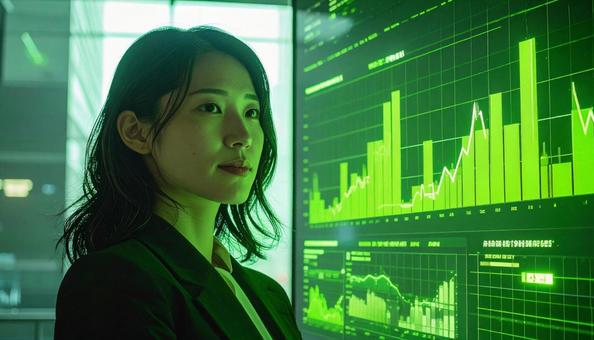 ディルプレイのチャートの前に立つ女性社員 ディルプレイのチャートの前に立つ女性社員の写真