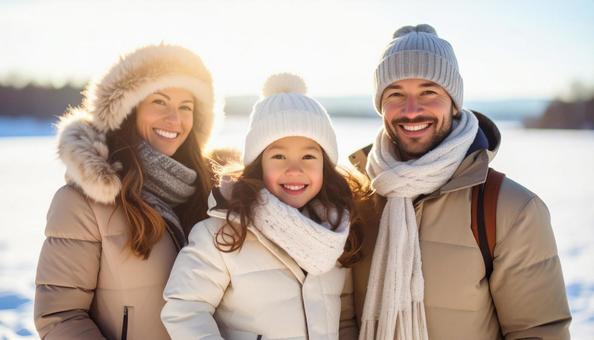 寒冷な雪原の中の家族 笑顔 寒冷な雪原の中の家族 笑顔の写真
