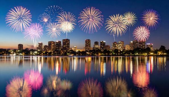 夜の街を彩る花火 夜の街を彩る花火の写真