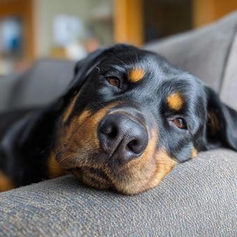 革のソファで安らぐ犬 革のソファで安らぐ犬の写真
