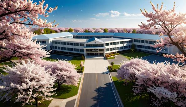 桜と青空と小学校の白い校舎の写真