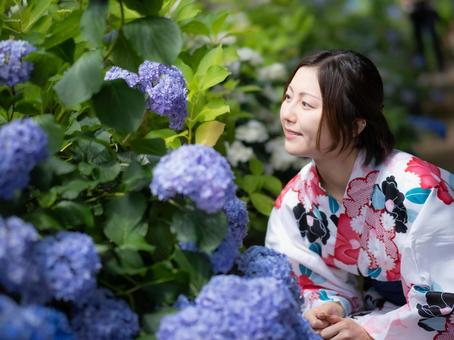 32: A woman in a yukata looking at hydrangeas, JPG 32: A woman in a yukata looking at hydrangeas, JPG
