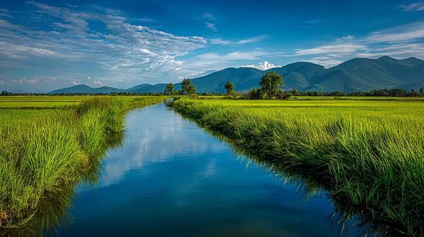 夏の陽光を浴びる、美しい緑の稲穂と清流の写真