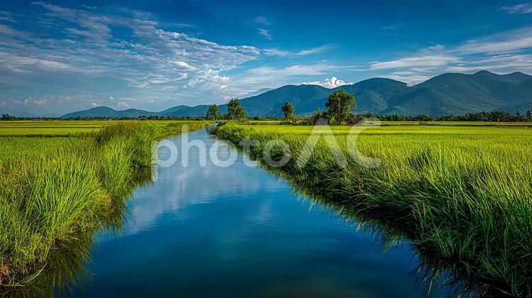 夏の陽光を浴びる、美しい緑の稲穂と清流 田園風景,田んぼ,水田の写真素材