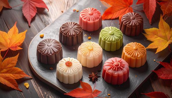 秋の紅葉と和菓子 秋の紅葉と和菓子の写真