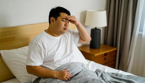 肥満で疲れやすく、額に手をやる男性 肥満で疲れやすく、額に手をやる男性の写真
