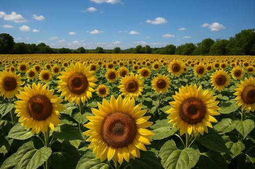 ひまわり畑と青空の写真