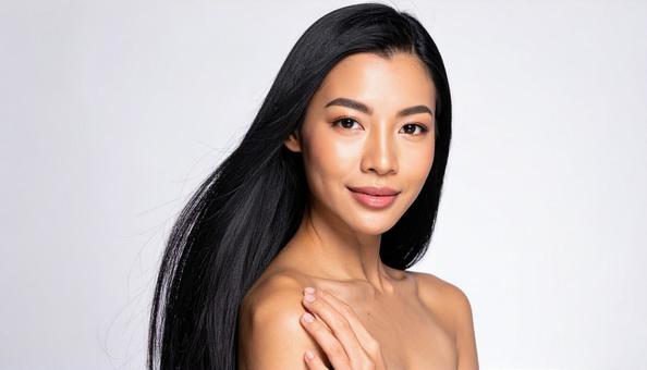 滑らかで輝く肌とつややかな黒髪の女性 滑らかで輝く肌とつややかな黒髪の女性の写真