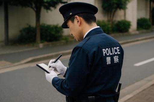 手帳に記録を取る警察官 手帳に記録を取る警察官の写真