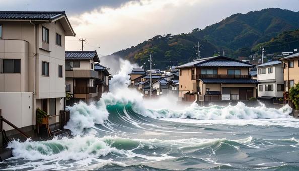 津波が押し寄せる住宅街 津波が押し寄せる住宅街の写真