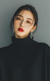 黒のタートルネックを着こなす女性 黒のタートルネックを着こなす女性の写真