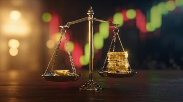 金貨が載せられたアンティークな天秤の写真