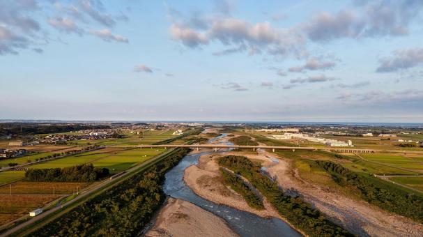 石川県を流れる手取川下流を空撮 石川県,手取川,ドローンの写真素材