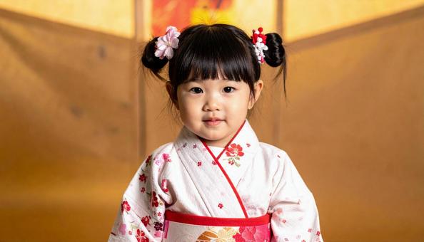 七五三でツインお団子で着物を着た女の子の写真