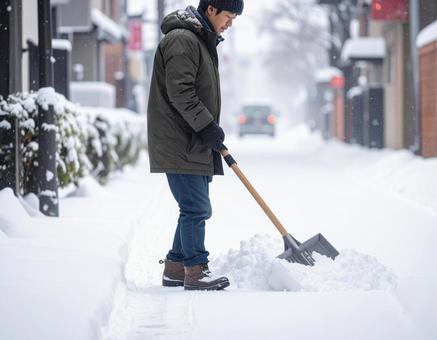 冬に除雪をする女性 冬に除雪をする女性の写真