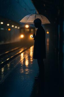 雨の駅ホームのシルエット 雨の駅ホームのシルエットの写真