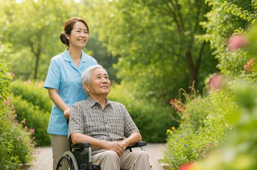 介護士と車椅子の高齢男性 介護士と車椅子の高齢男性の写真
