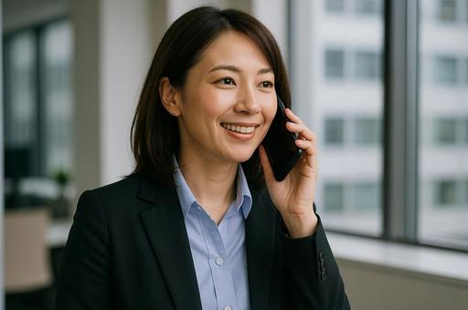 電話中の女性会社員 電話中の女性会社員の写真