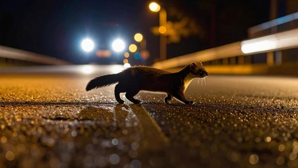 イタチ夜道路横切る1 イタチ夜道路横切る1の写真