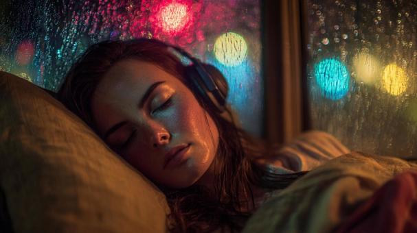 静かな音楽と共に夢を見る女性の写真