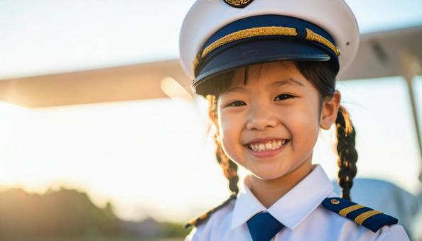 パイロットの姿をした日本人の子どもの写真