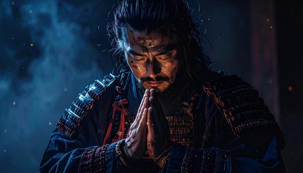 戦国時代、月に祈る武士 戦国時代、月に祈る武士の写真