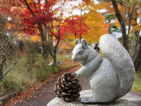 リスのオブジェと紅葉 紅葉,黄葉,松ぼっくりの写真素材