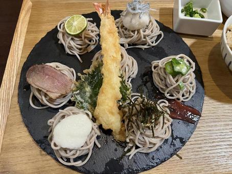 Soba noodles served on a tray, JPG