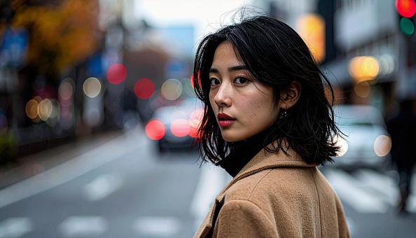 振り返る日本人美人モデルのポートレート 振り返る日本人美人モデルのポートレートの写真