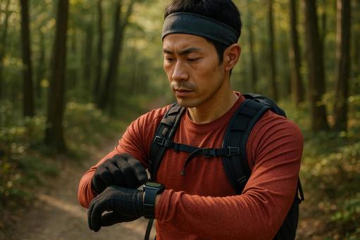 スマートウォッチを見る男性ランナーの写真