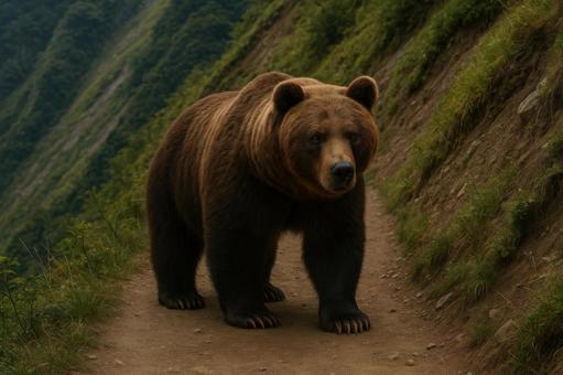 山道に現れたヒグマ 山道に現れたヒグマの写真