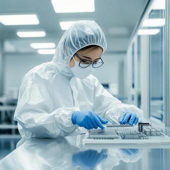 クリーンルームで精密機器を扱う女性 クリーンルームで精密機器を扱う女性の写真