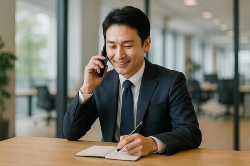 電話応対しながらメモをとる男性社員 電話応対しながらメモをとる男性社員の写真
