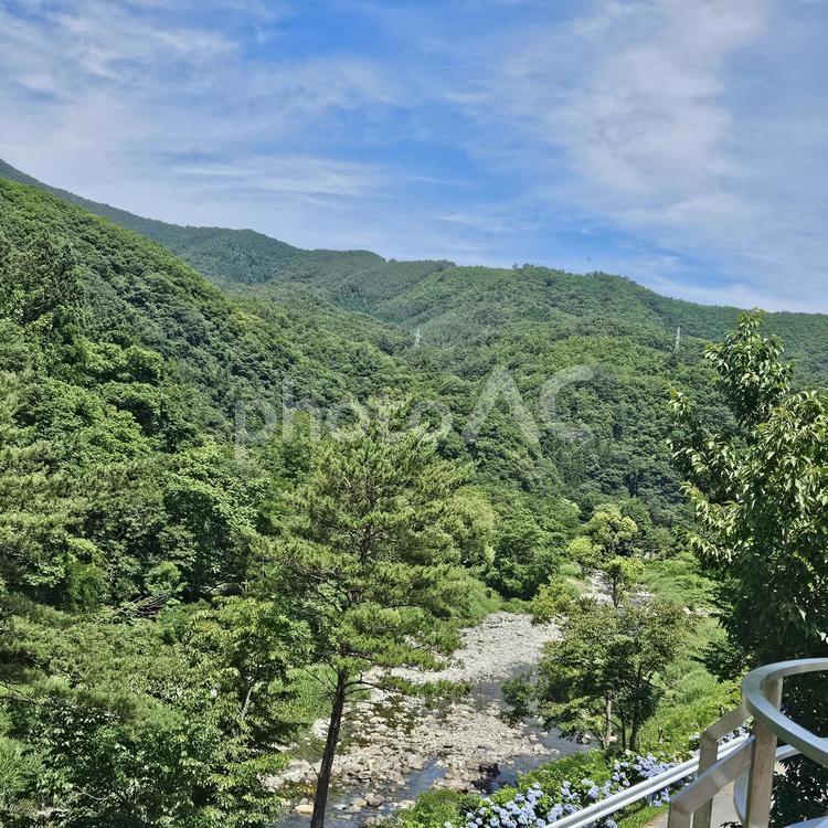 山の麓の小川を見下ろす 山,河,川の写真素材