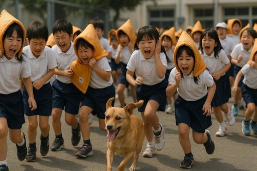 犬と避難訓練の風景の写真