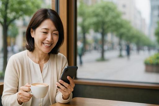 スマホを見て喜ぶ女性の写真