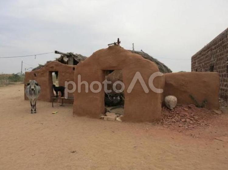 インド　タール砂漠の住居　3 タール,砂漠,民家の写真素材