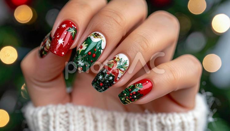 クリスマスのネイルアートをした女性の指先 クリスマスネイル,指先,ネイルアートの写真素材