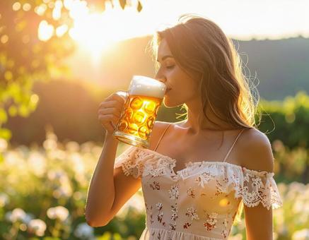 夏・美味しそうにビールを飲んでいる女性 夏・美味しそうにビールを飲んでいる女性の写真