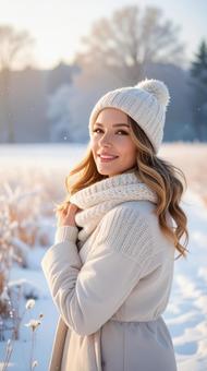 冬の寒冷な雪原の中の可愛い女性 冬の寒冷な雪原の中の可愛い女性の写真