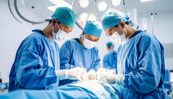 手術室で医師チームが手術で執刀している 手術室で医師チームが手術で執刀しているの写真