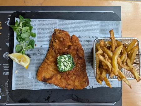 シュニッツェル シュニッツェル,フライドポテト,ヴェリングラッドの写真素材