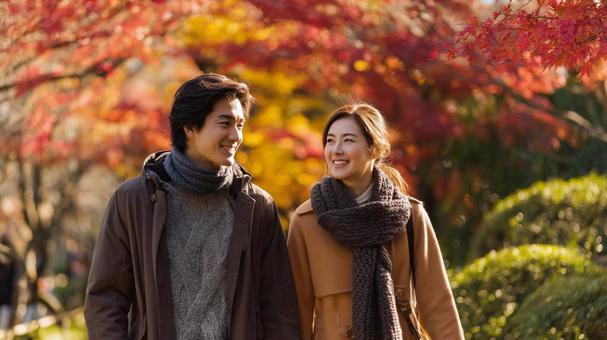 紅葉デートを楽しむカップル 紅葉デートを楽しむカップルの写真