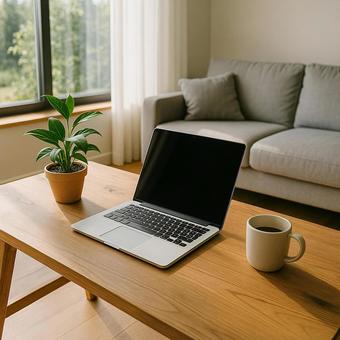 ノートPCとコーヒー ノートPCとコーヒーの写真