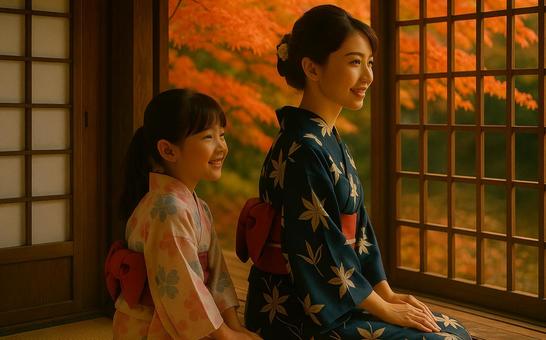 AI生成｜縁側と紅葉の親子の写真