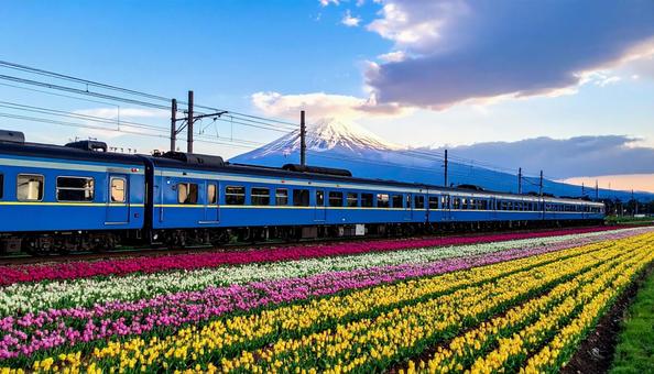 チューリップ畑の中を走るブルートレイン チューリップ畑の中を走るブルートレインの写真