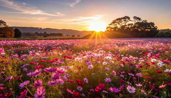 秋のコスモス畑 夕暮れ 秋のコスモス畑 夕暮れの写真