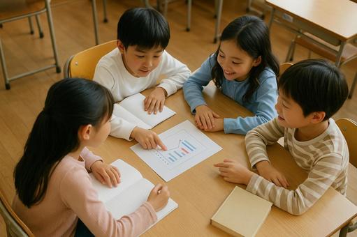 グループ学習する小学生 グループ学習する小学生の写真